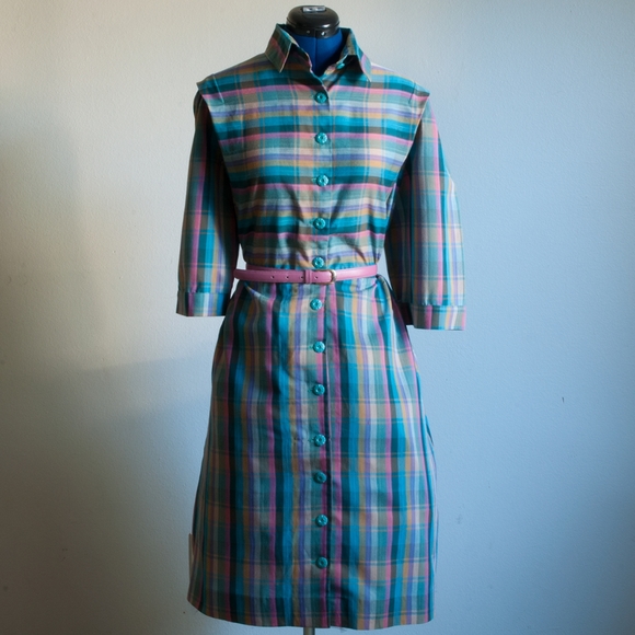 None Dresses & Skirts - 1980s Vintage Plaid Shirt Dress